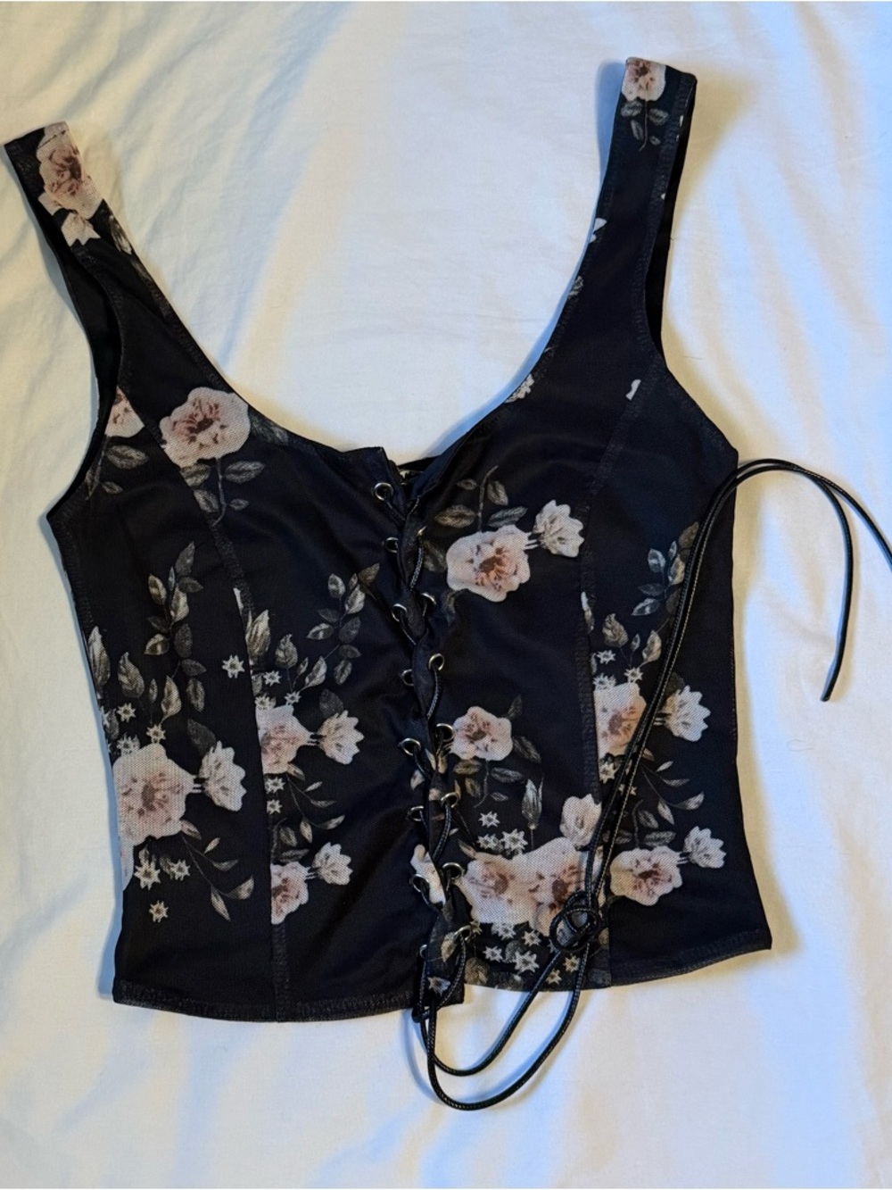 Fashion Nova Black Floral Lace-Up Camisole